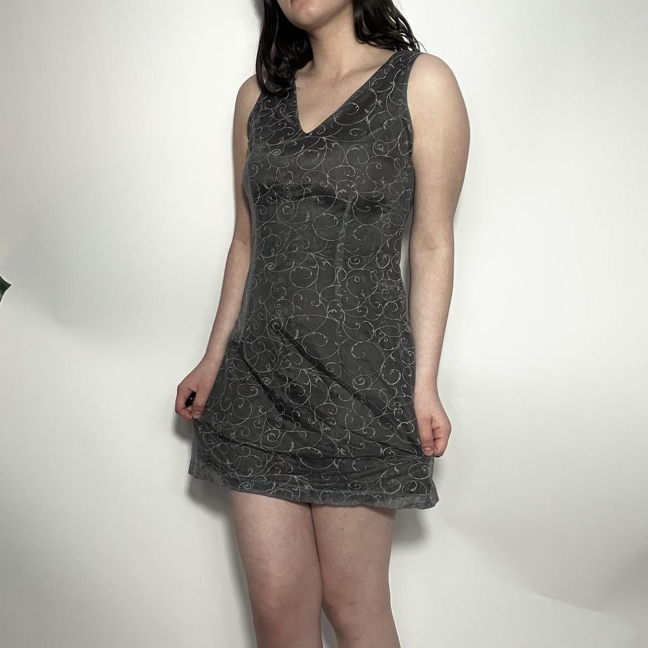 Micro mesh vintage 90s Y2k deadstock mini dress with an underlay grey with embroidered swirl detaili