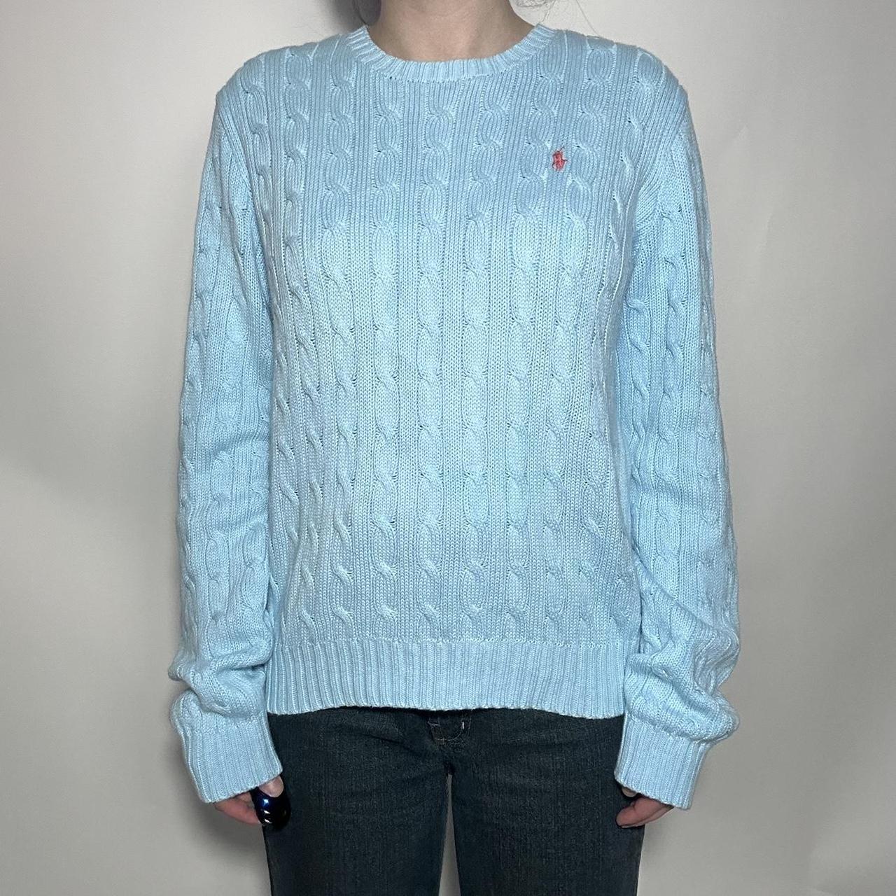 Cute vintage 90s authentic Polo Ralph Lauren aqua blue and pink cable knit crew neck jumper with the