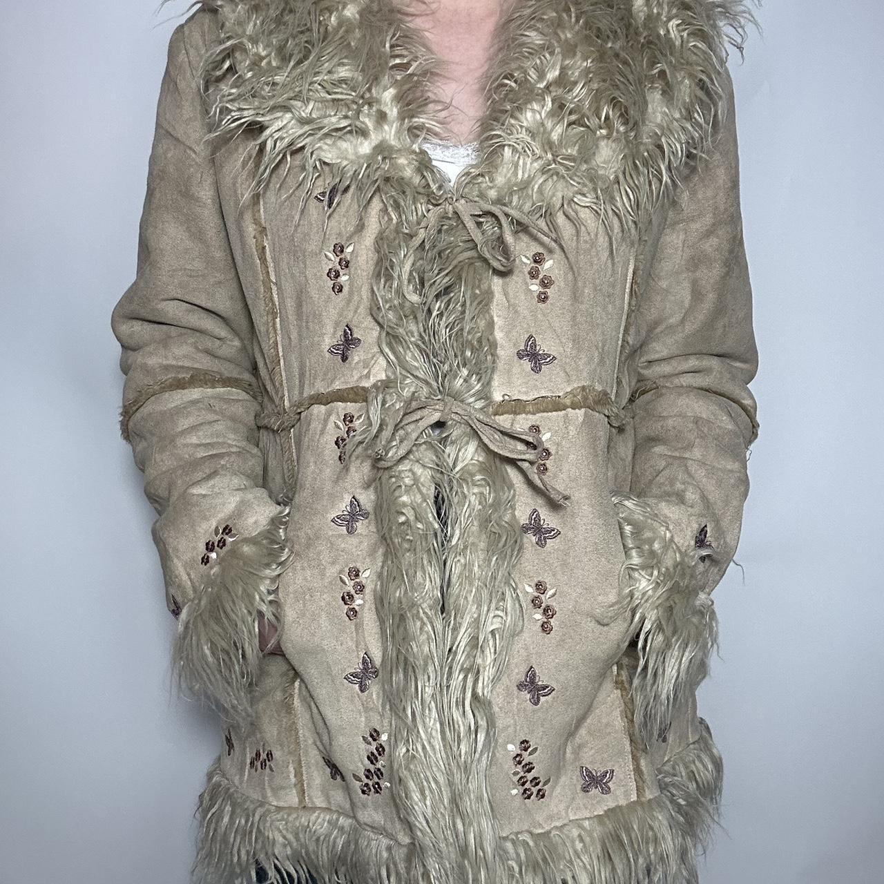 Vintage y2k deadstock shaggy faux fur and suede Afghan Penny Lane coat with tan fur trim across the