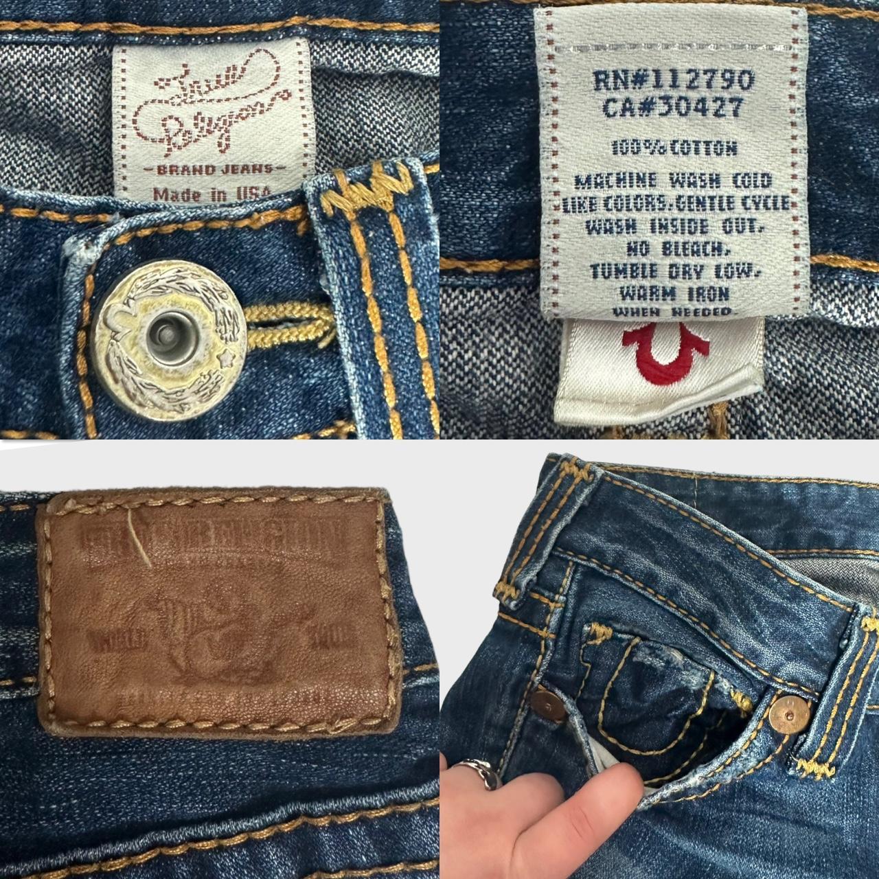 Vintage distressed true religion y2k low waisted dark wash bootcut flared jeans with the brown tan b