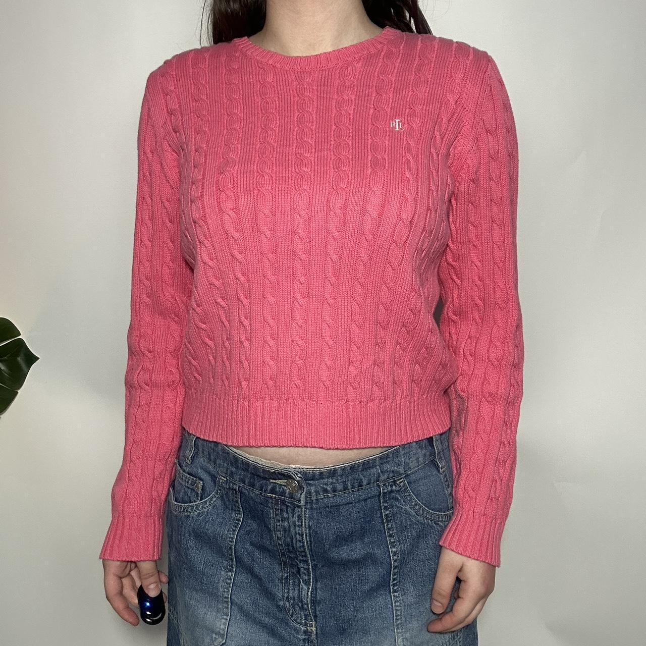 Cute vintage 90s authentic Polo Ralph Lauren pink and white cable knit cropped crew neck jumper with