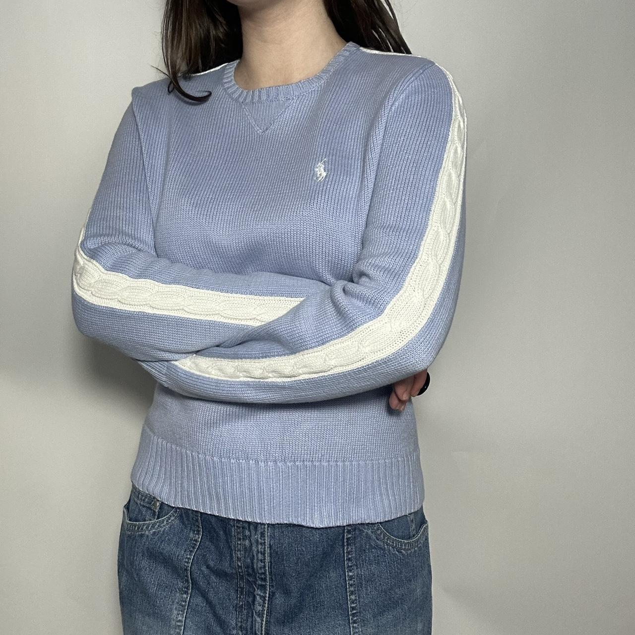 Vintage 90s authentic Polo Ralph Lauren Golf baby blue and white cable knit crew neck slightly cropp
