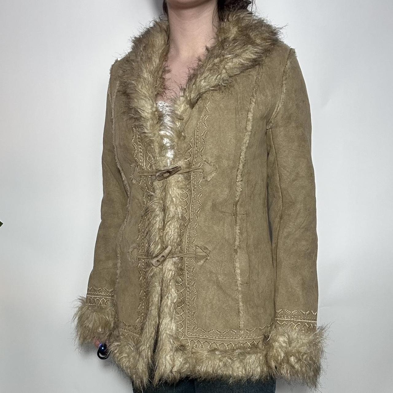 Vintage y2k deadstock tan shearling faux sheep fur trim suede vegan Afghan Penny Lane coat with a go