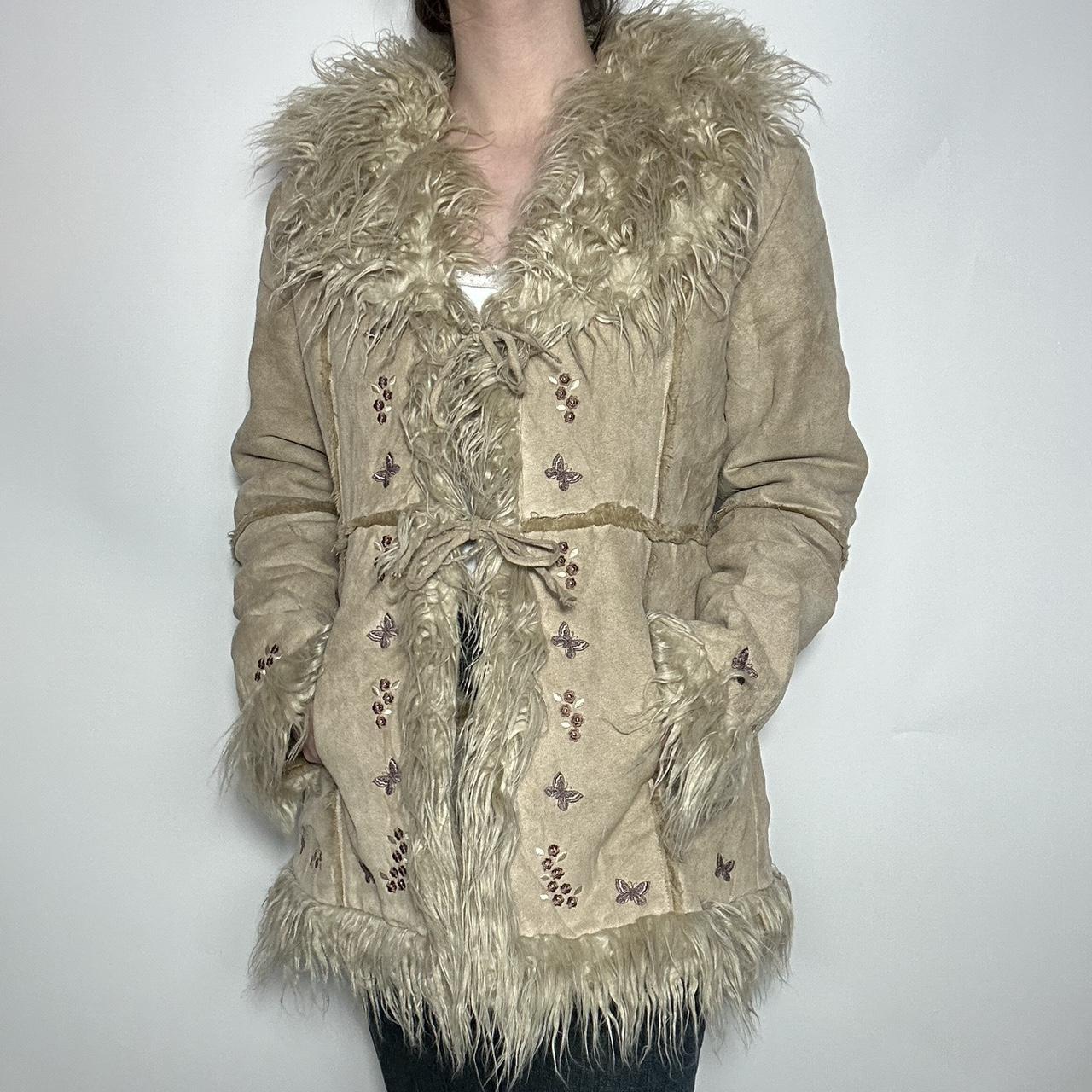 Vintage y2k deadstock shaggy faux fur and suede Afghan Penny Lane coat with tan fur trim across the