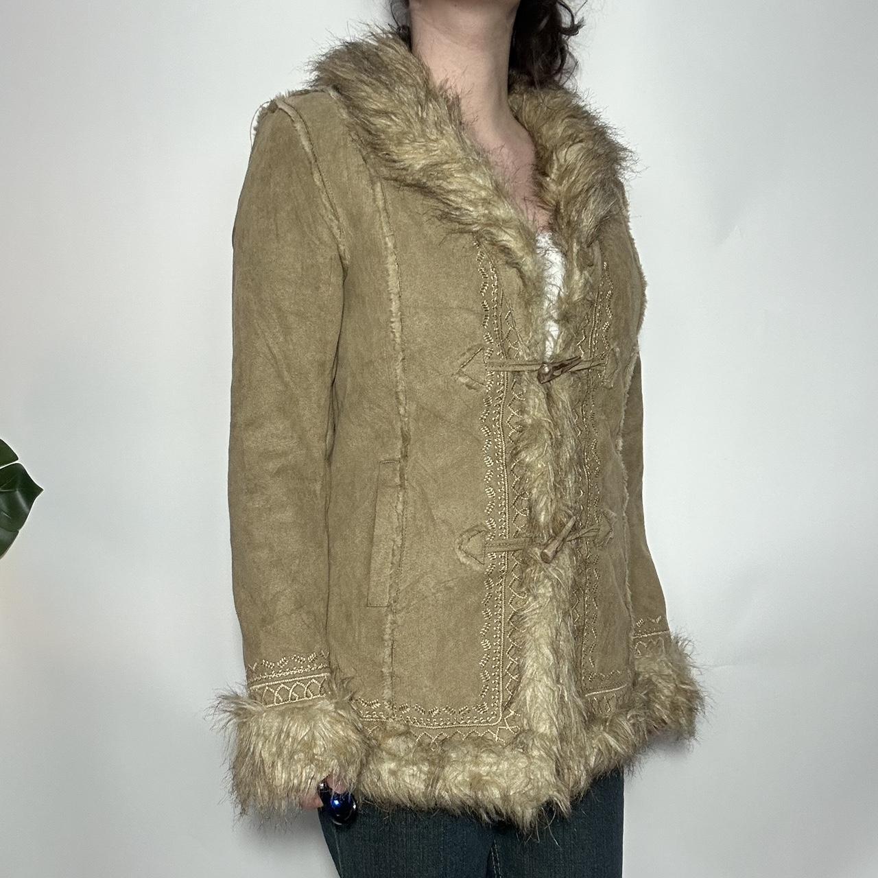 Vintage y2k deadstock tan shearling faux sheep fur trim suede vegan Afghan Penny Lane coat with a go