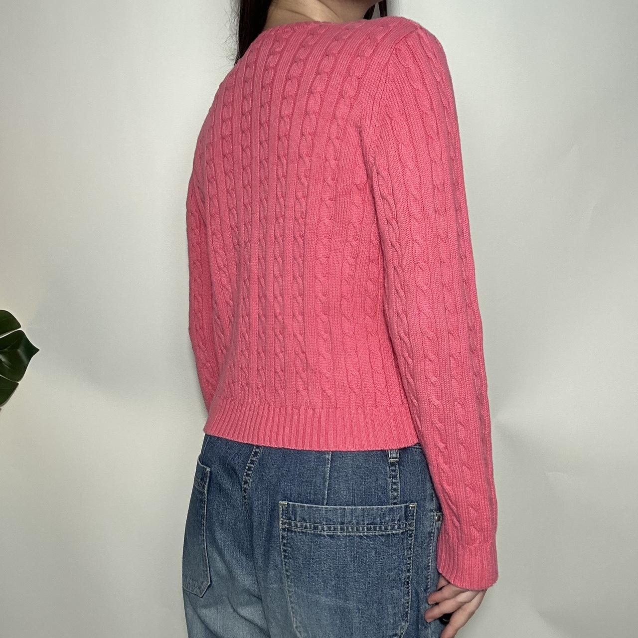 Cute vintage 90s authentic Polo Ralph Lauren pink and white cable knit cropped crew neck jumper with