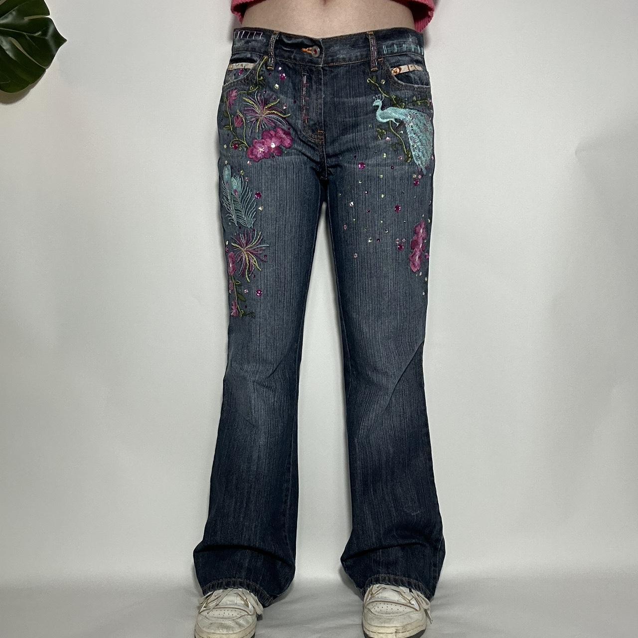 The most amazing y2k vintage multicoloured mid to low waist flared jeans bootcut with embroidered fl