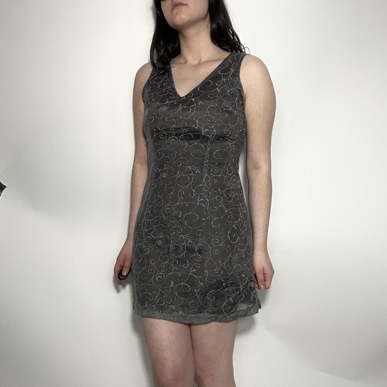 Micro mesh vintage 90s Y2k deadstock mini dress with an underlay grey with embroidered swirl detaili