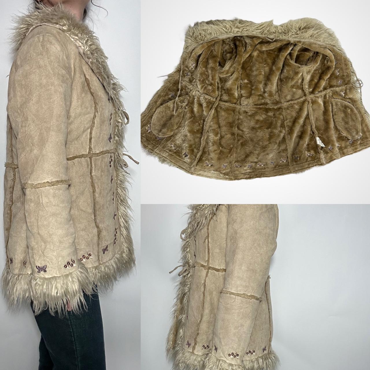 Vintage y2k deadstock shaggy faux fur and suede Afghan Penny Lane coat with tan fur trim across the