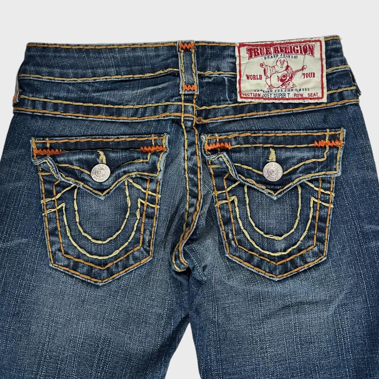 Vintage distressed PETITE true religion y2k low waisted dark wash bootcut Joey Super T flared jeans