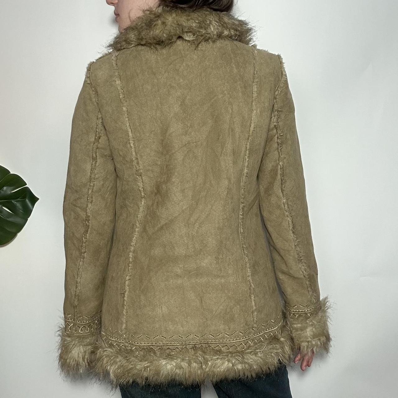 Vintage y2k deadstock tan shearling faux sheep fur trim suede vegan Afghan Penny Lane coat with a go