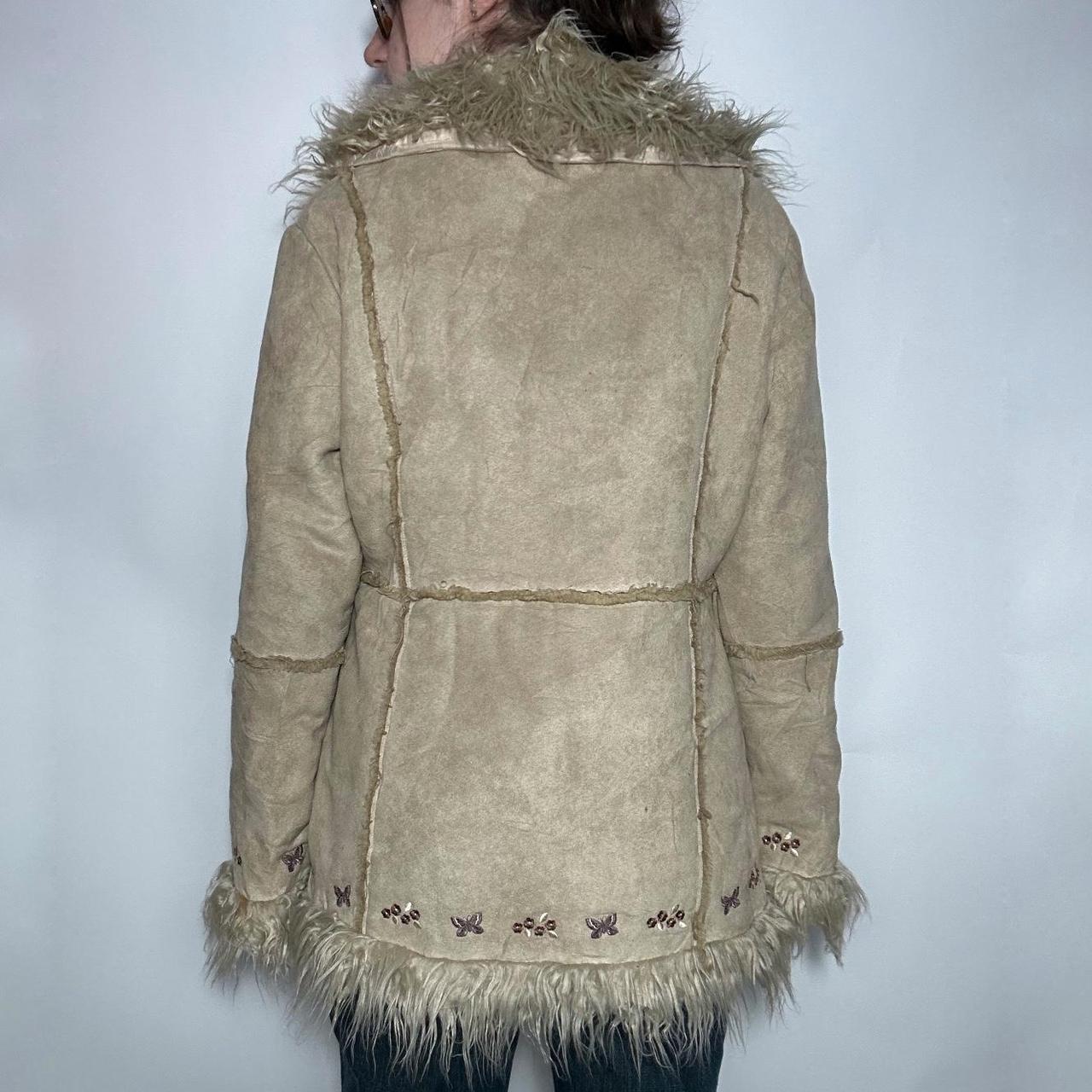 Vintage y2k deadstock shaggy faux fur and suede Afghan Penny Lane coat with tan fur trim across the