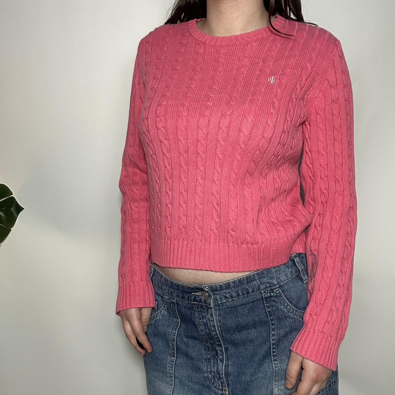 Cute vintage 90s authentic Polo Ralph Lauren pink and white cable knit cropped crew neck jumper with