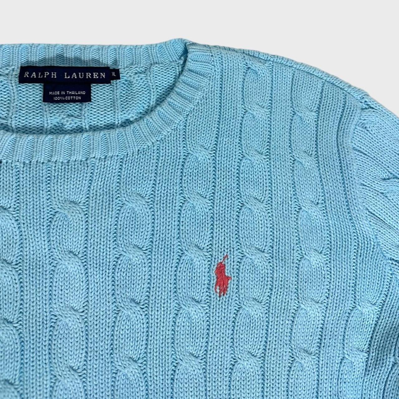 Cute vintage 90s authentic Polo Ralph Lauren aqua blue and pink cable knit crew neck jumper with the