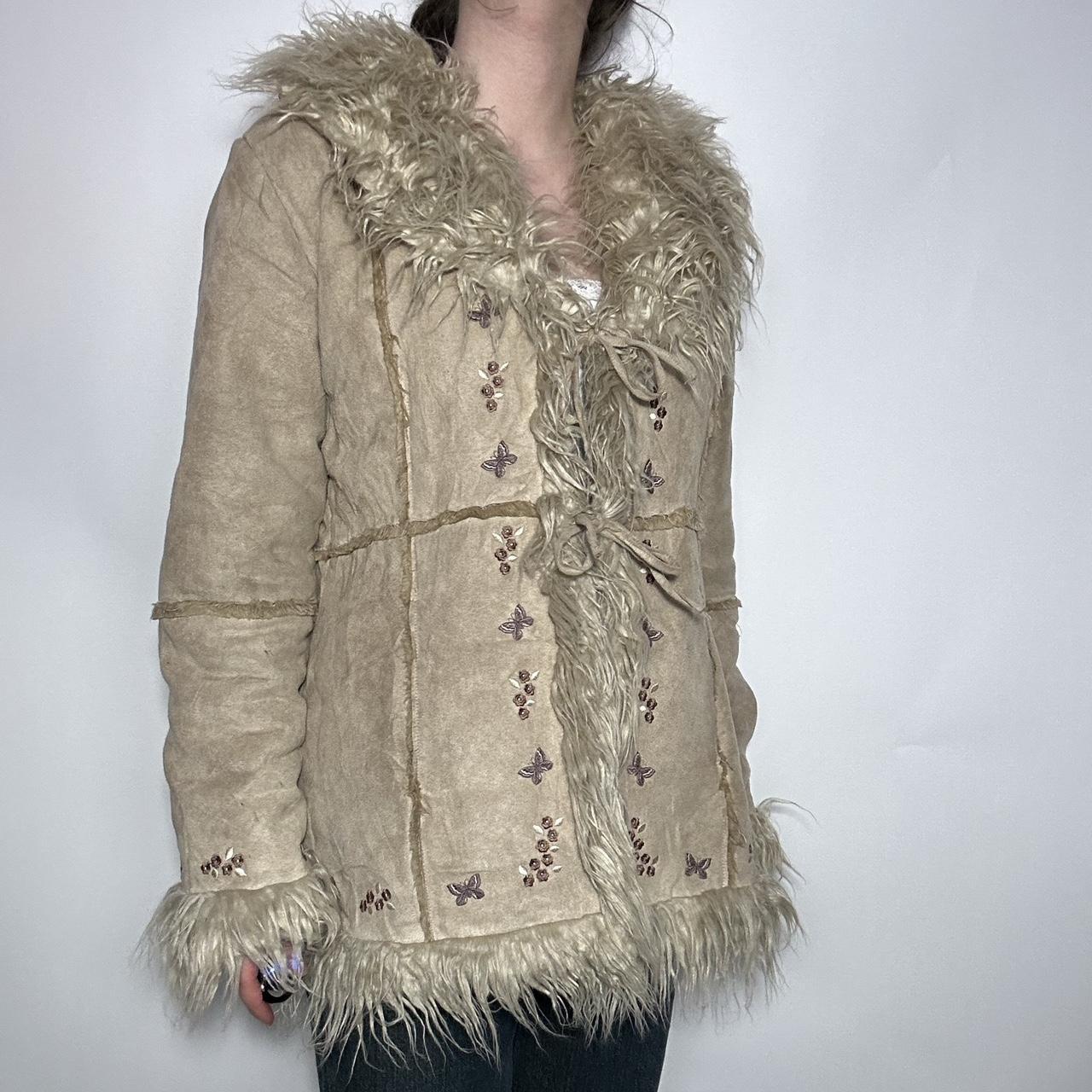 Vintage y2k deadstock shaggy faux fur and suede Afghan Penny Lane coat with tan fur trim across the