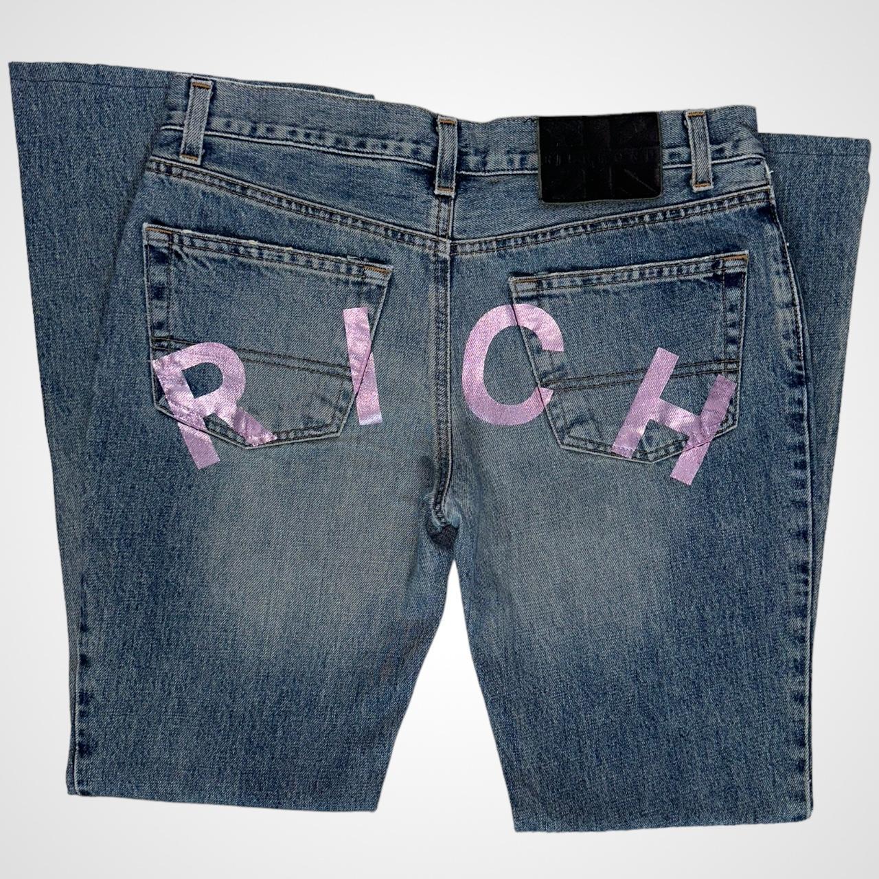Rare designer Y2K John Richmond low-waist bootcut jeans with 'rich' print