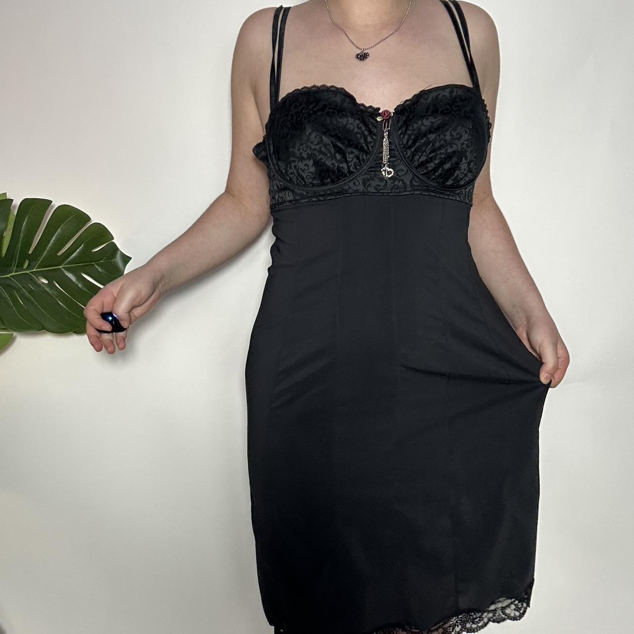 Vintage 90s black lace midi dress with love charm diamanté detailing