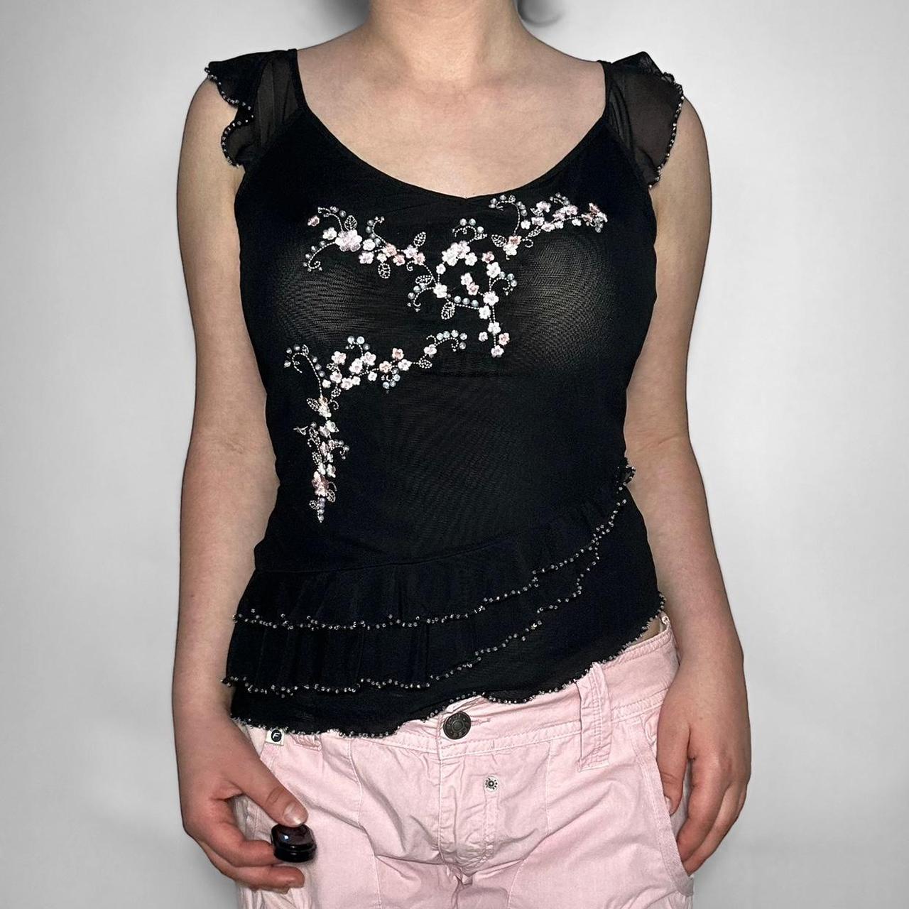 Vintage y2k fairycore black mesh ruffle cami top with silver embroidery