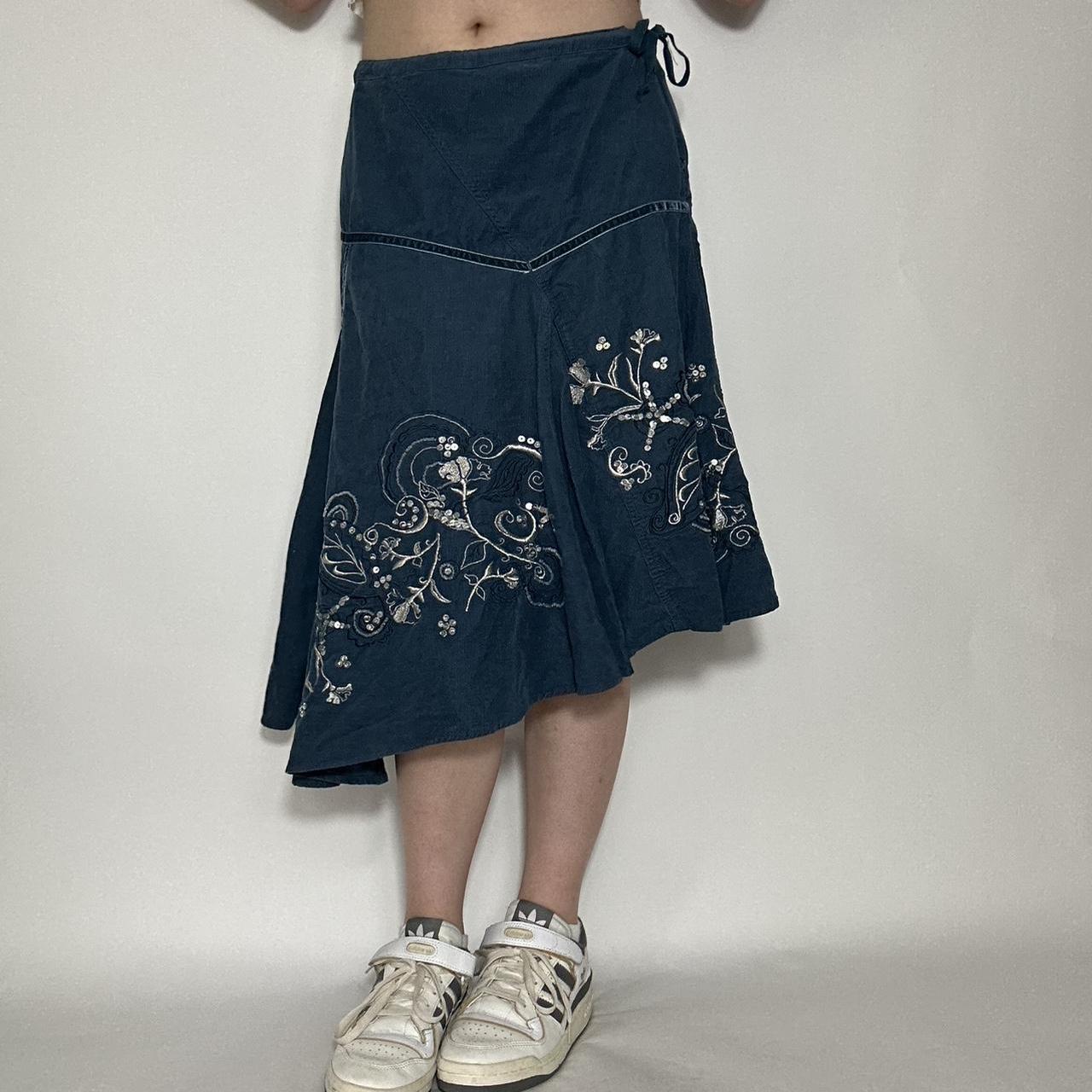 Vintage Y2k asymmetrical corduroy midi skirt with floral embroidery