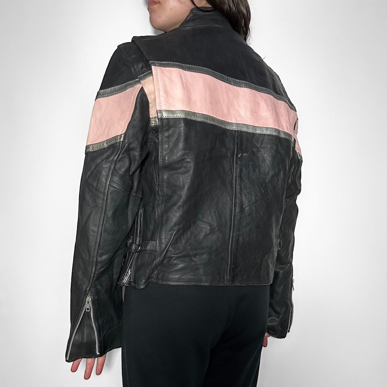 Vintage 90s real leather motorcycle racing jacket in black and pink