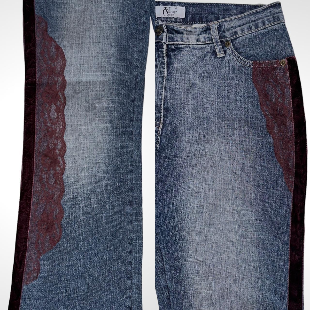 Vintage Y2k denim bootcut jeans with red velour stripe and lace detailing
