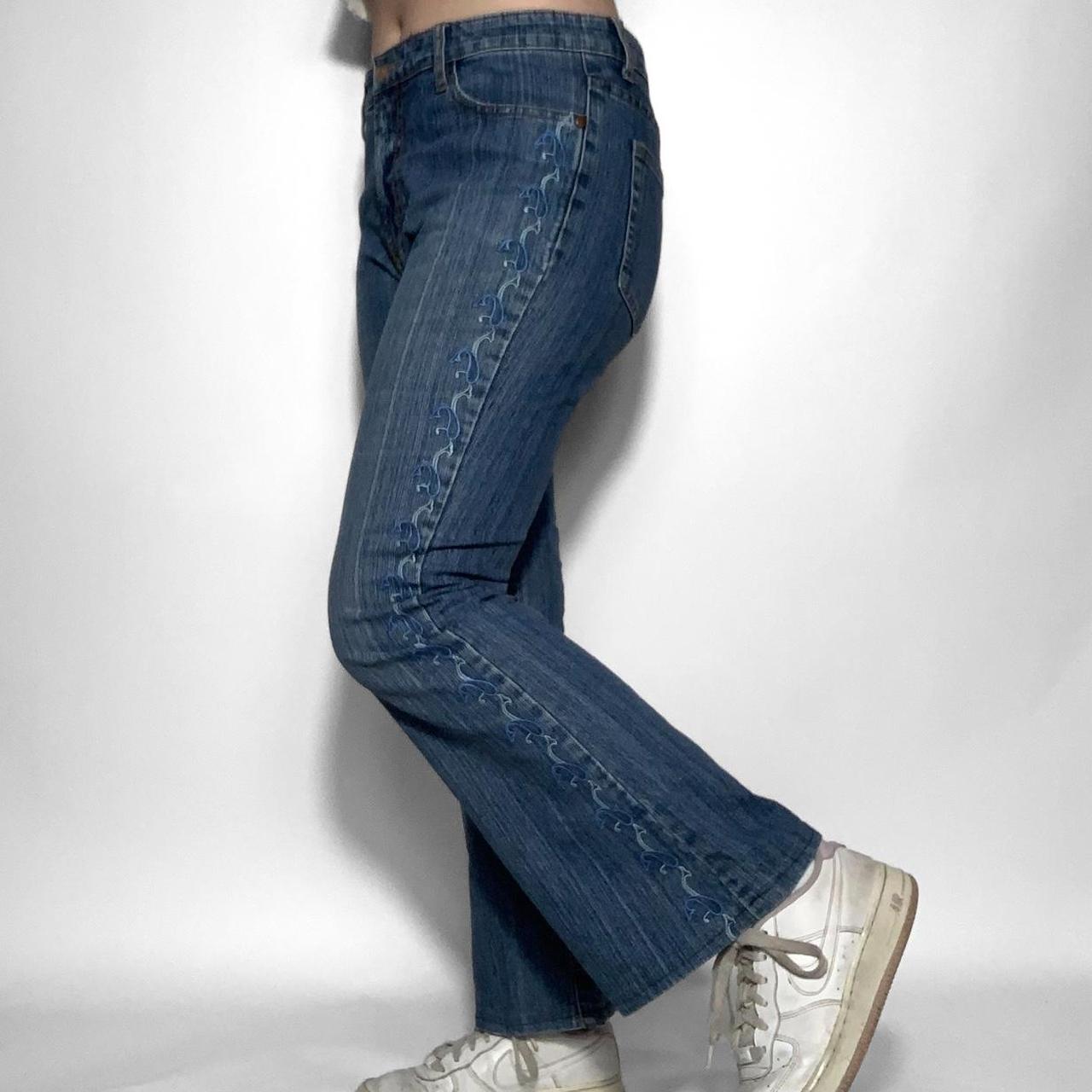 Vintage y2k blue swirl embroidered mid waisted flared jeans