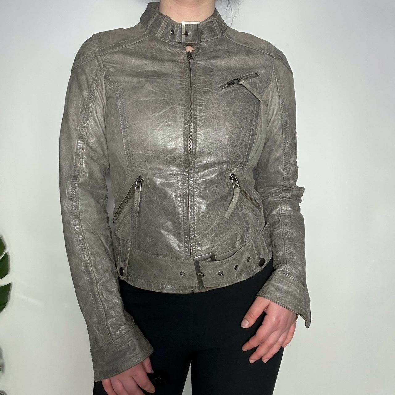 Vintage y2k grey leather motorcycle racer jacket with buckle detailing