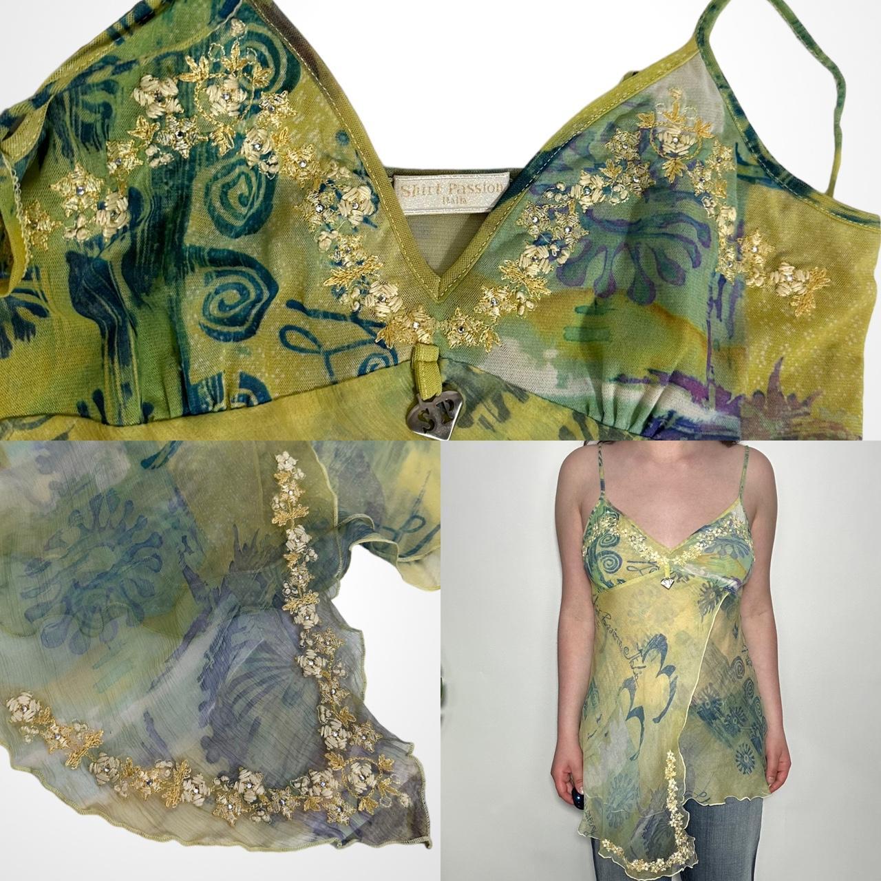 Vintage 90s green floral fairycore v-neck sheer cami top