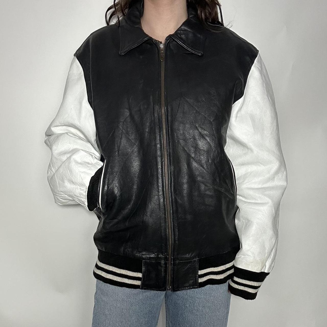 Vintage 90s leather bomber jacket with striped cuffs and collar and white sleeves