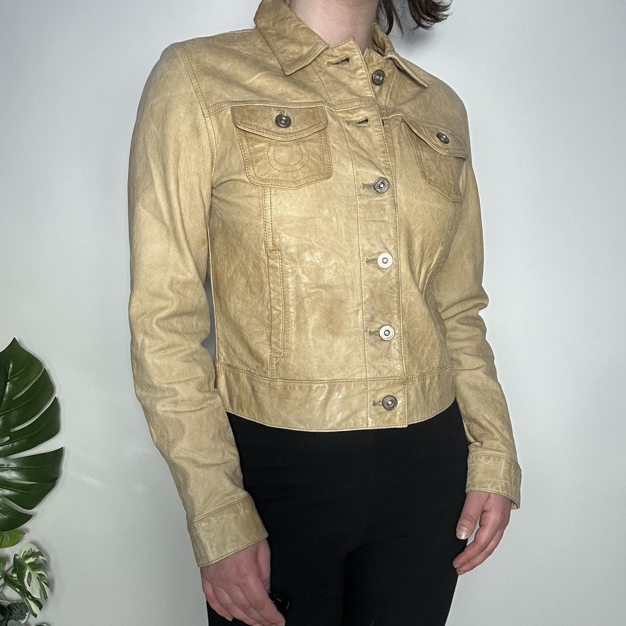 Vintage Y2k Gap tan leather cropped trucker jacket