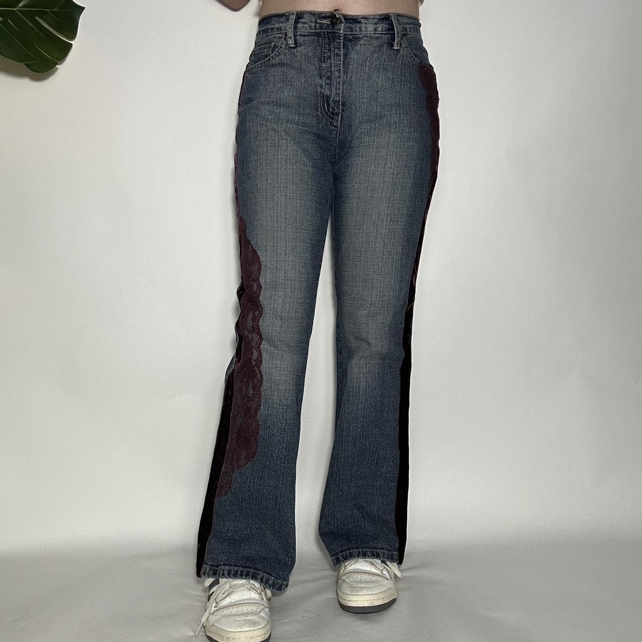 Vintage Y2k denim bootcut jeans with red velour stripe and lace detailing