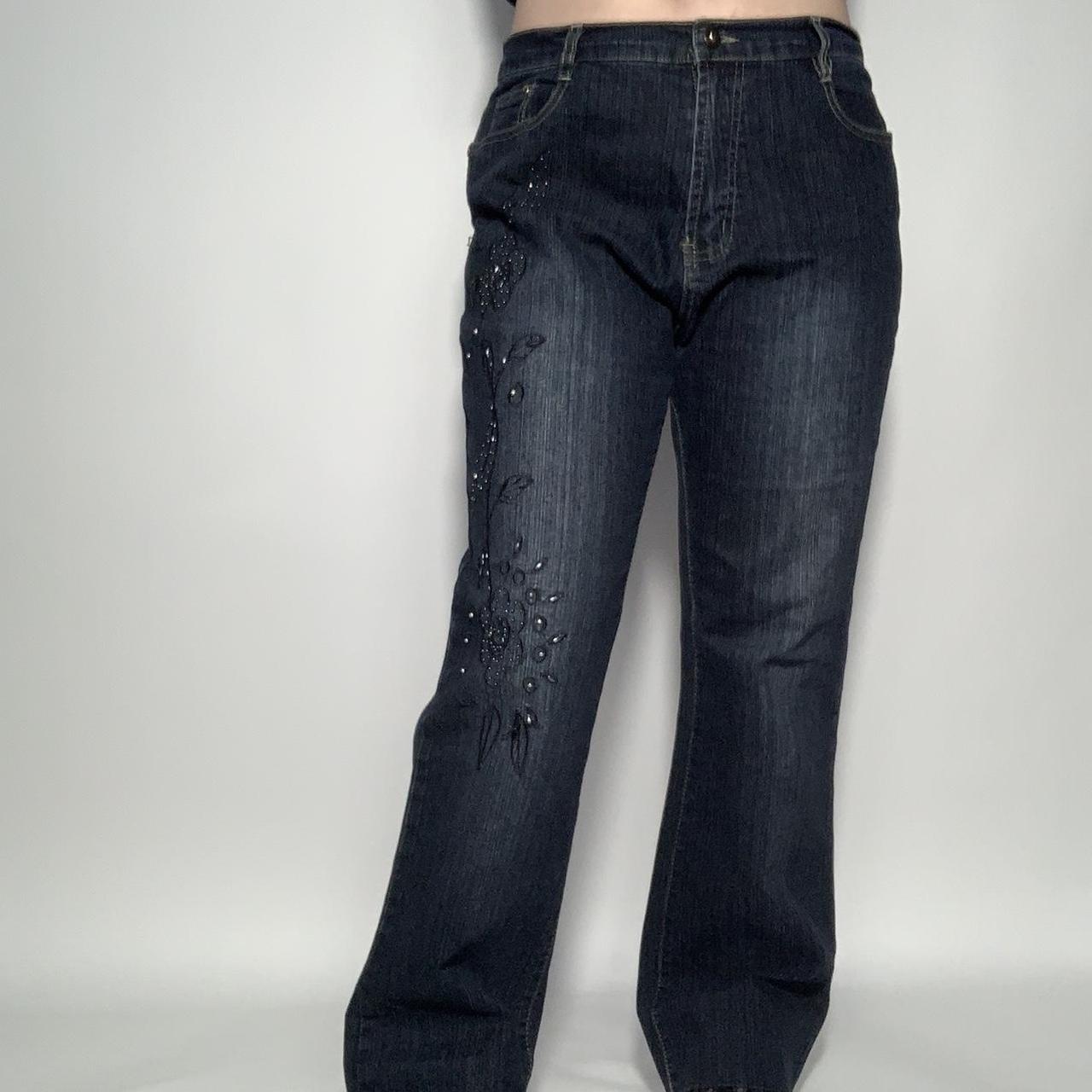 Vintage y2k dark wash bootcut denim jeans with floral beaded embroidery