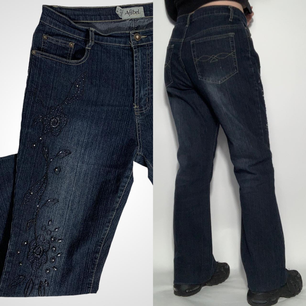 Vintage y2k dark wash bootcut denim jeans with floral beaded embroidery