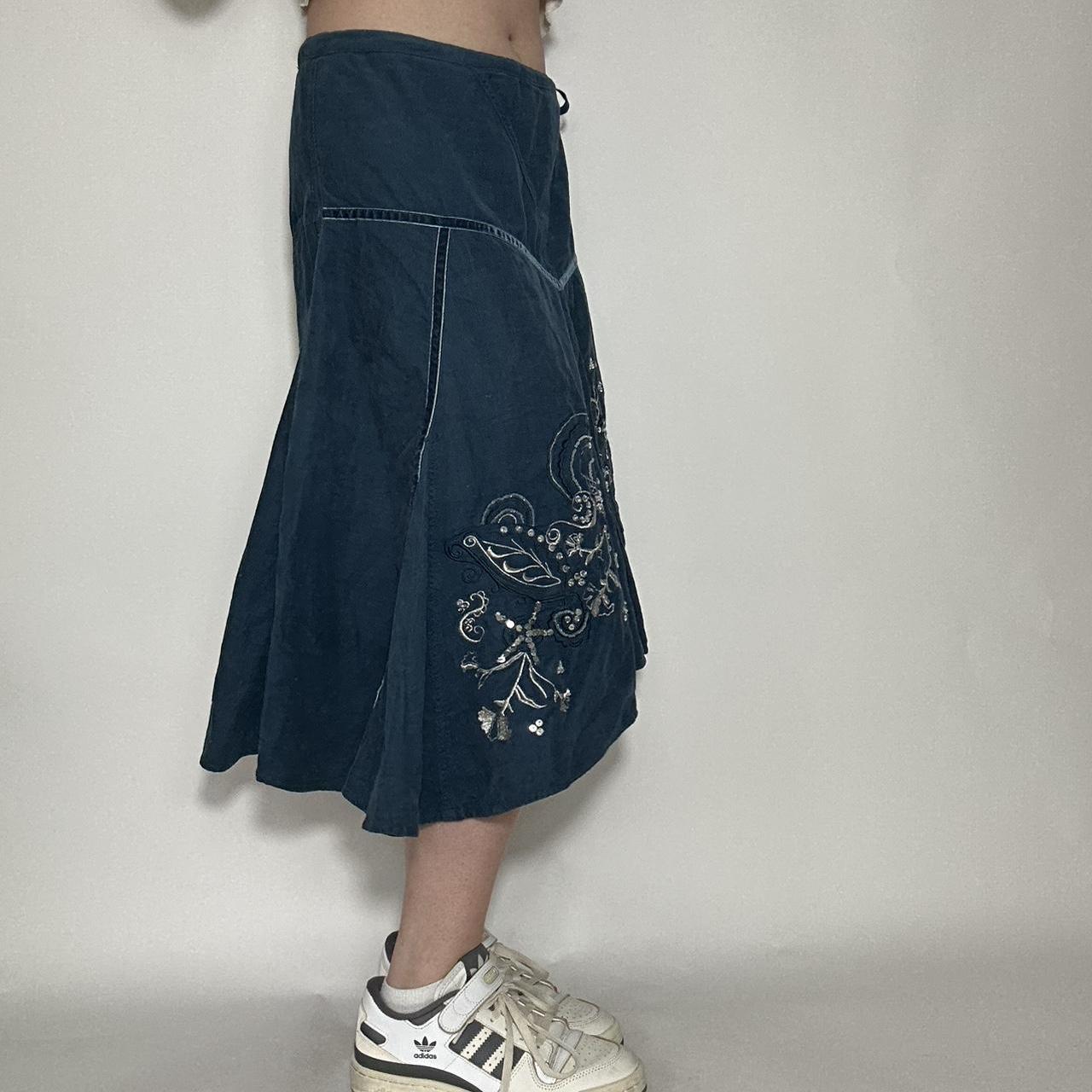 Vintage Y2k asymmetrical corduroy midi skirt with floral embroidery