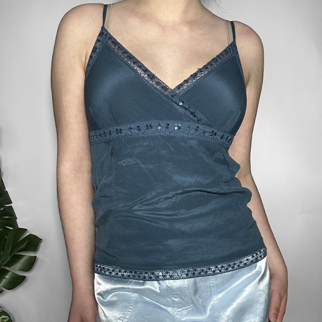 Vintage y2k blue silky v-neck crossover cami with lace trim