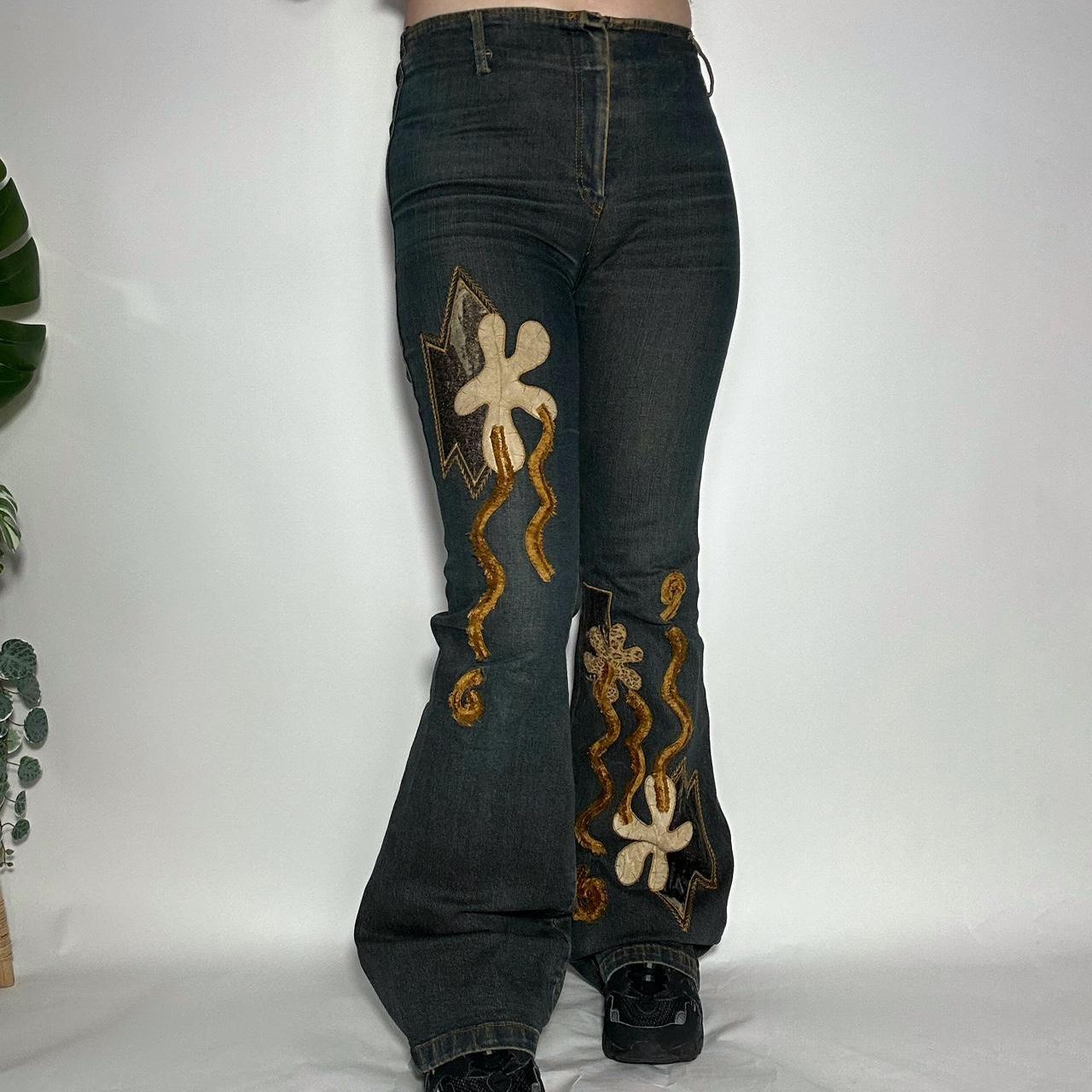 Vintage y2k fairycore flared jeans with brown floral patchwork embroidery