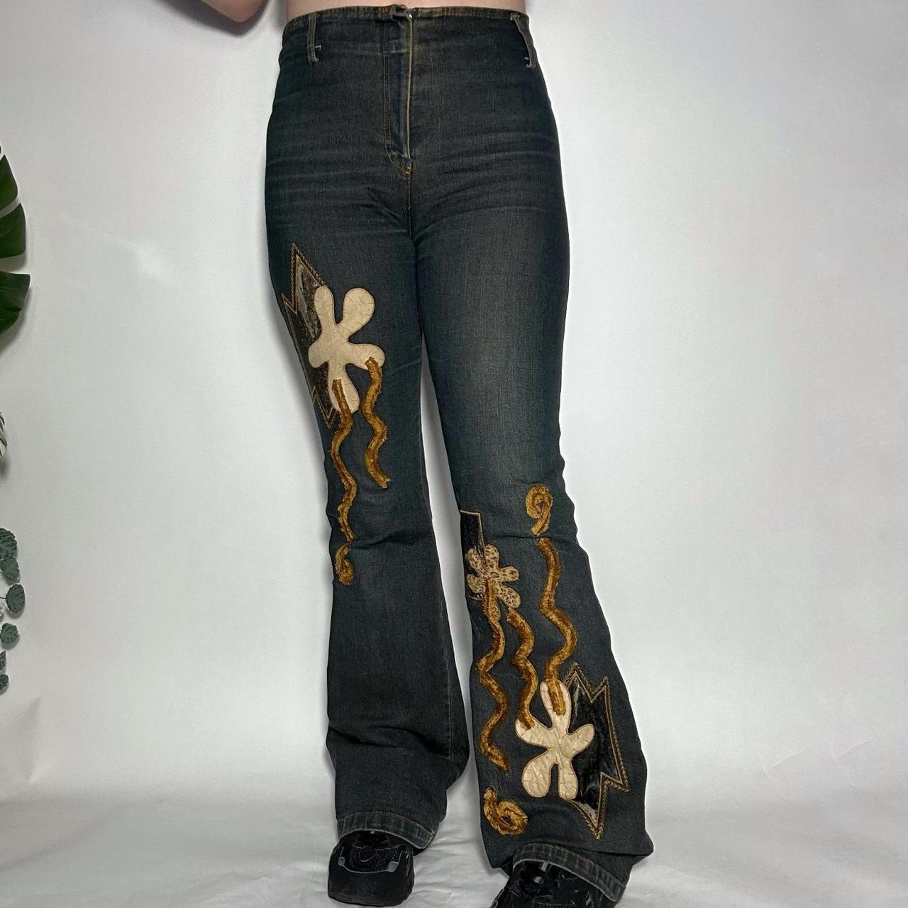 Vintage y2k fairycore flared jeans with brown floral patchwork embroidery