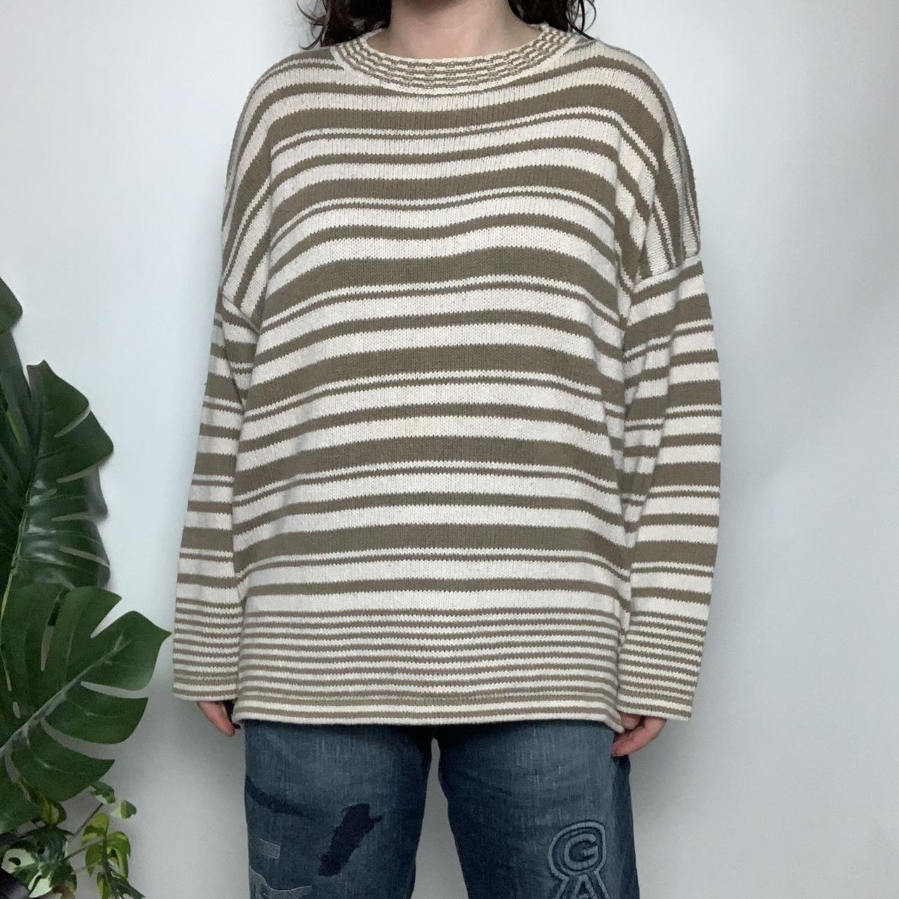 Vintage 90s white and brown striped slouchy knitted jumper