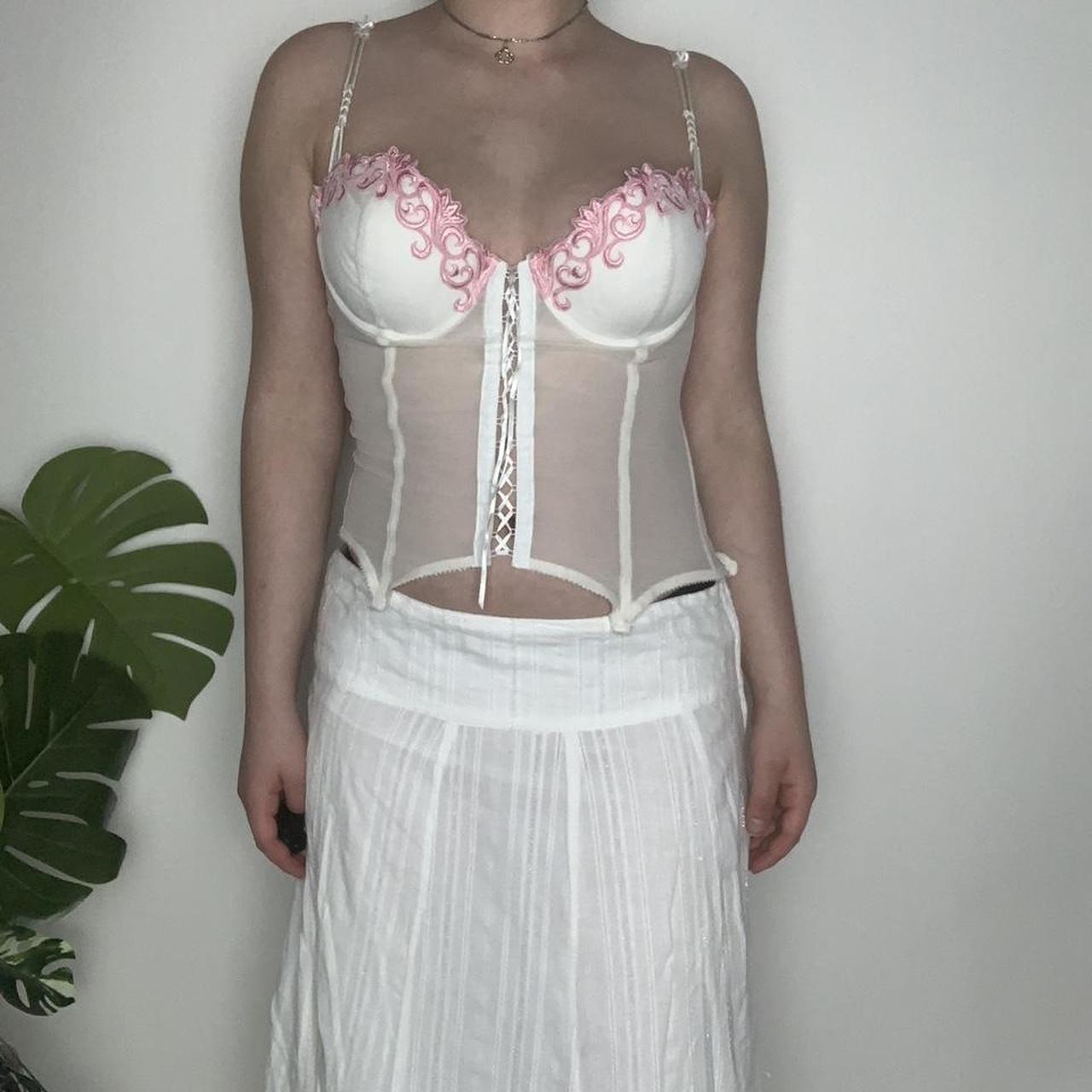 Vintage y2k fairycore white and pink lace-up corset top