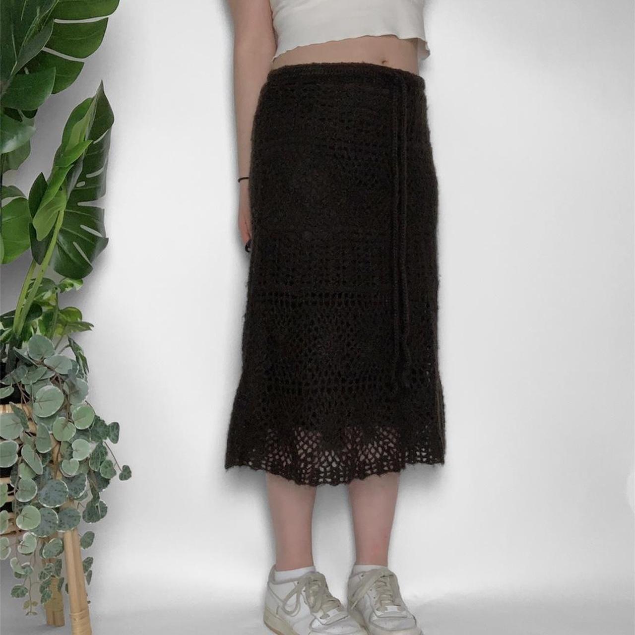 French vintage 90s chocolate brown crochet knit midi skirt