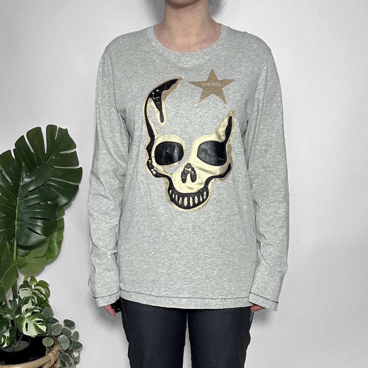 Vintage y2k Diesel metallic skull print grey long sleeved top