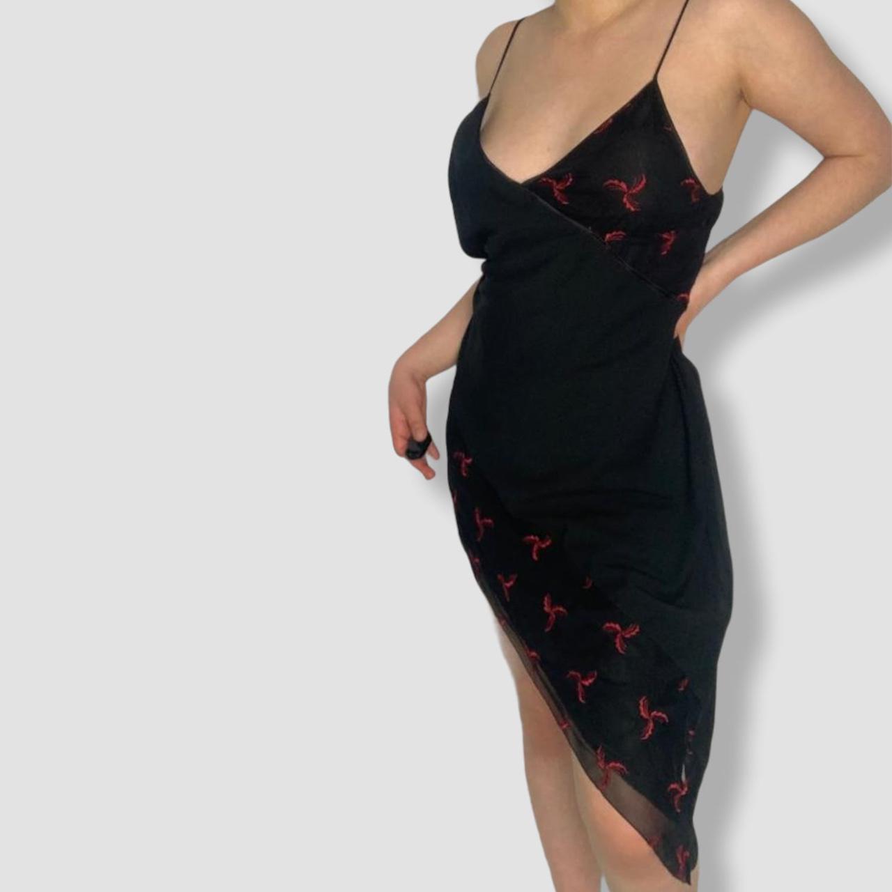 Black and red vintage 90s embroidered floral asymmetrical slip dress
