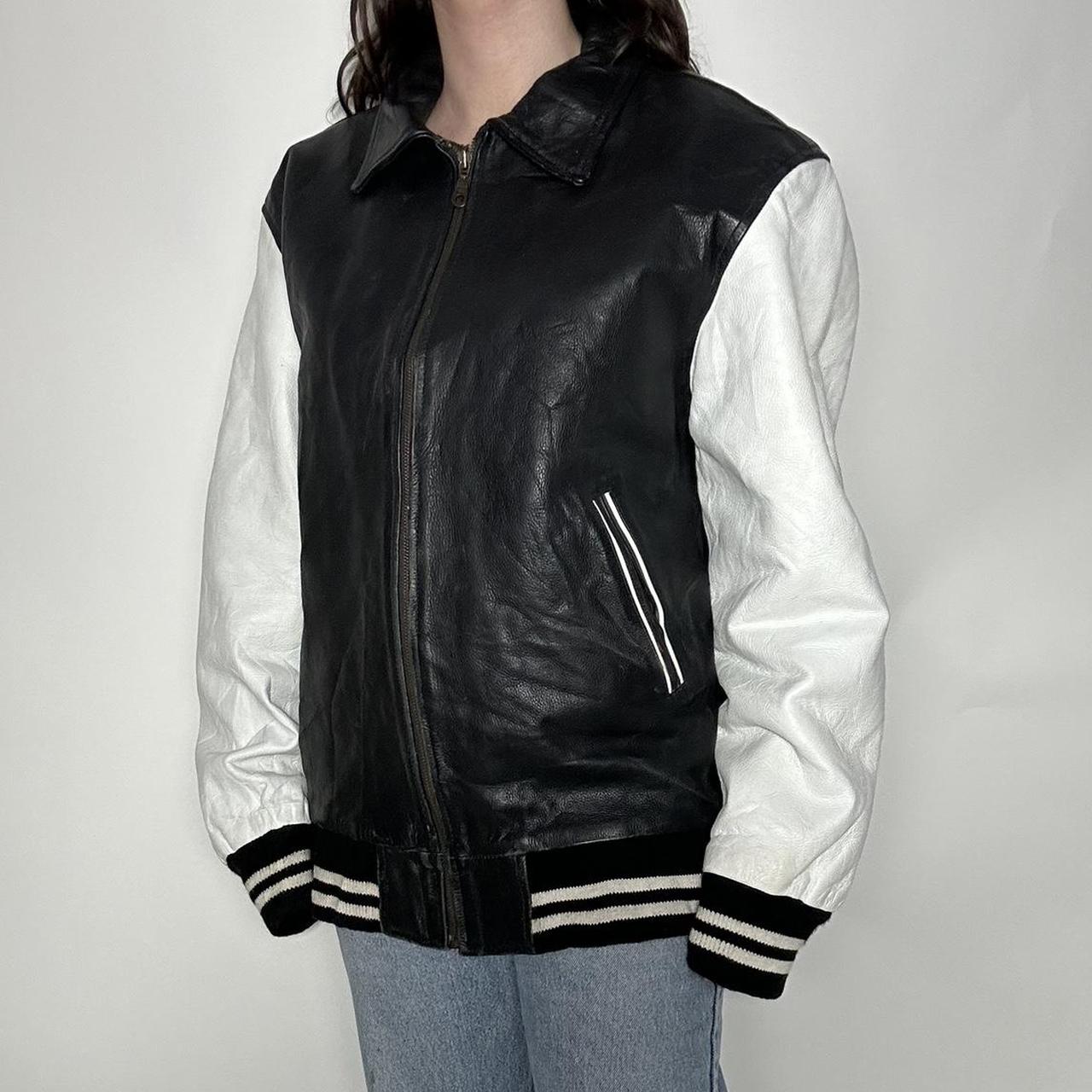 Vintage 90s leather bomber jacket with striped cuffs and collar and white sleeves