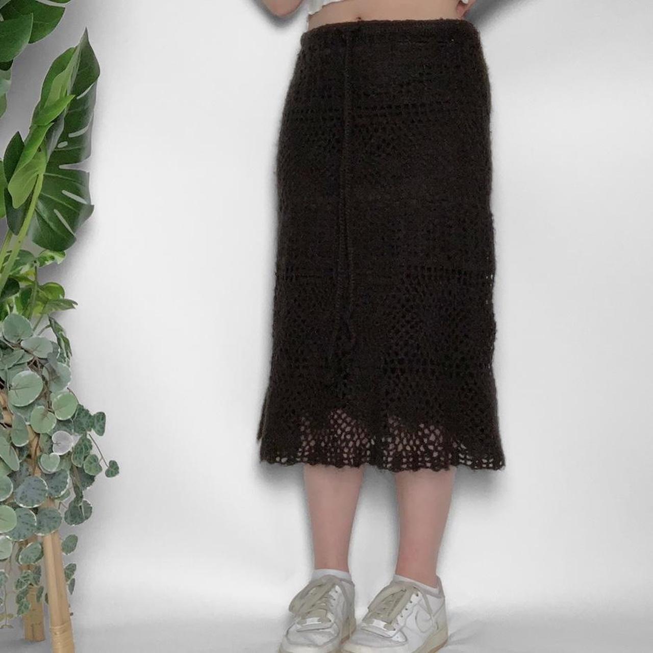French vintage 90s chocolate brown crochet knit midi skirt