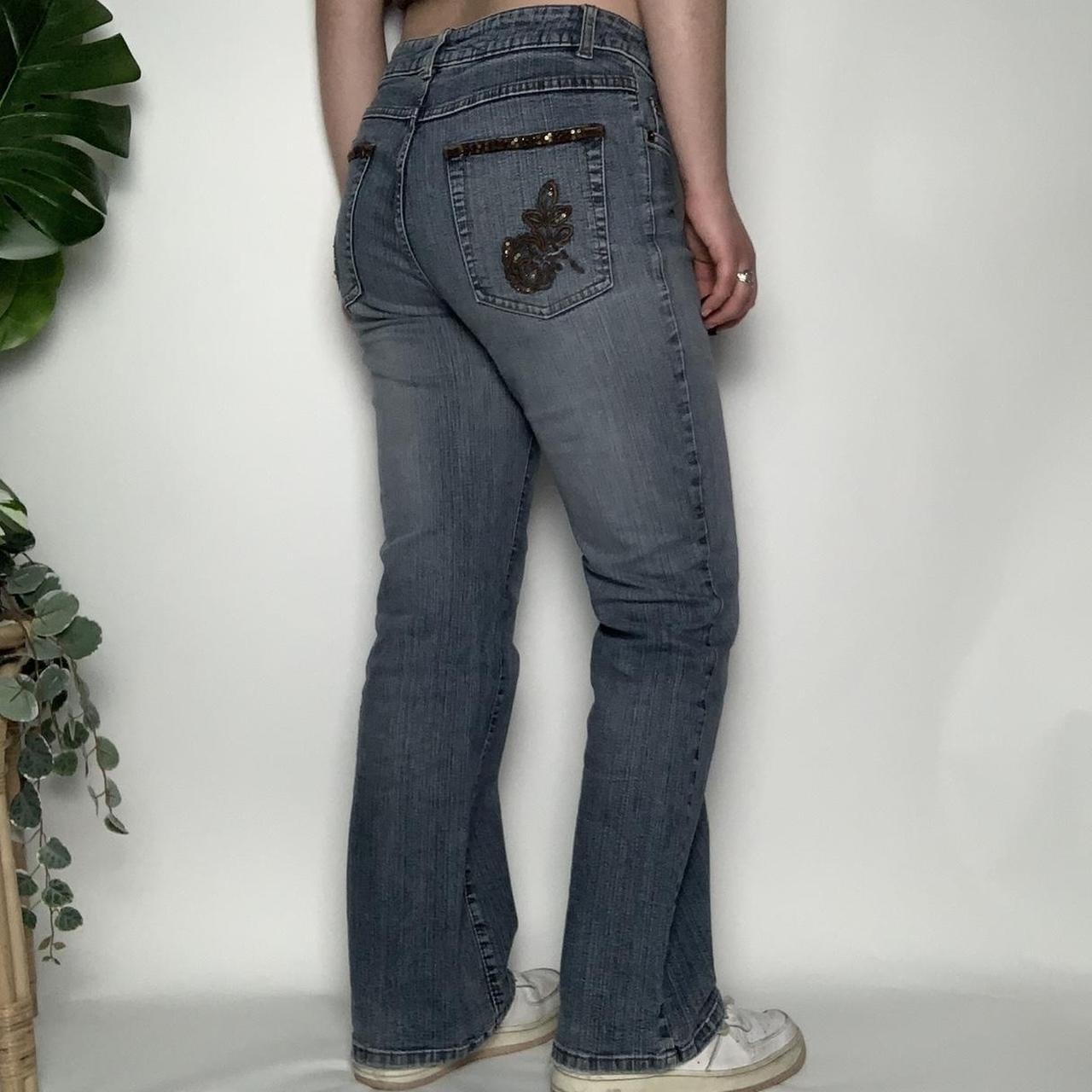 Vintage Y2k blue flared fairycore jeans with brown beaded embroidery
