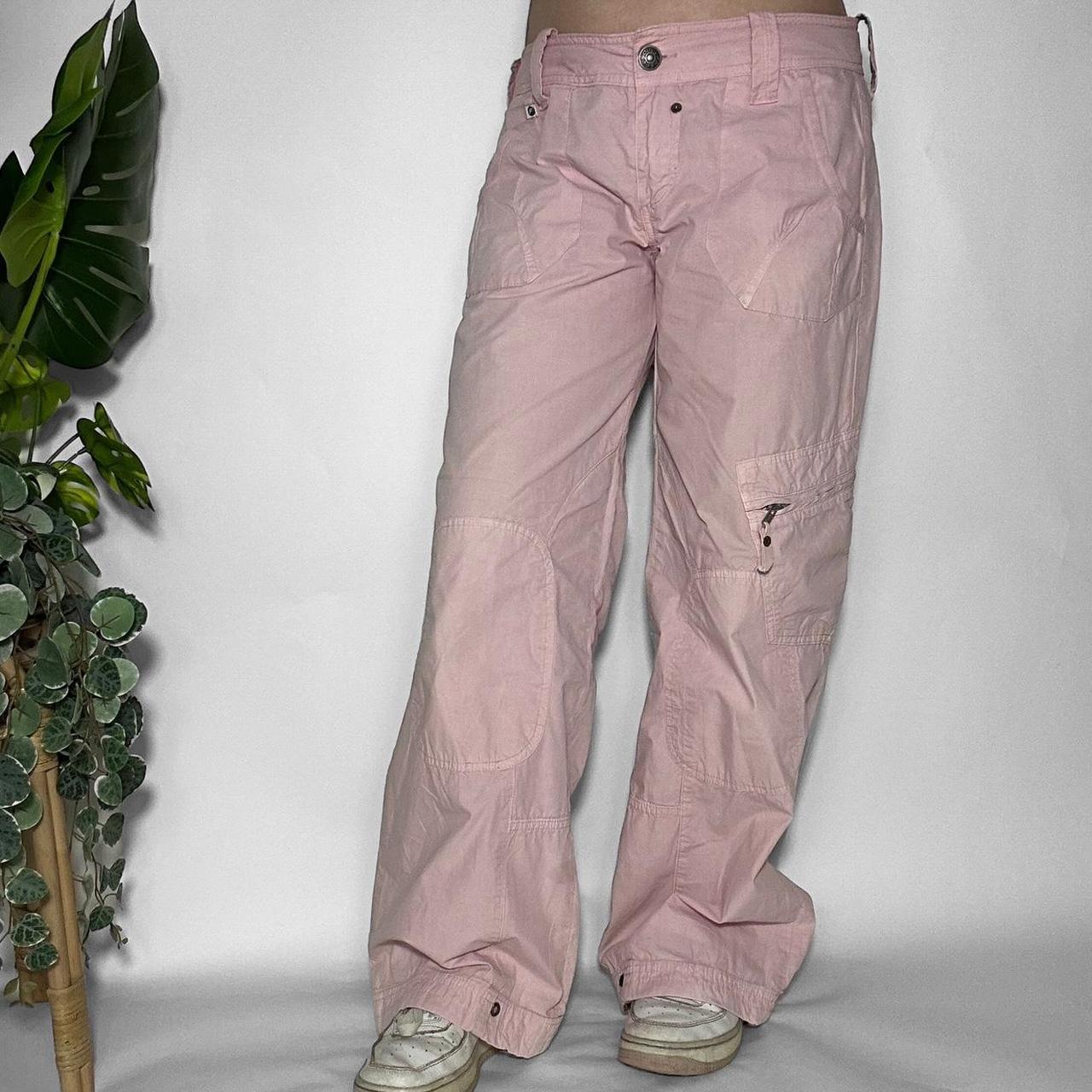 Vintage Y2k pink linen wide leg workwear cargo trousers
