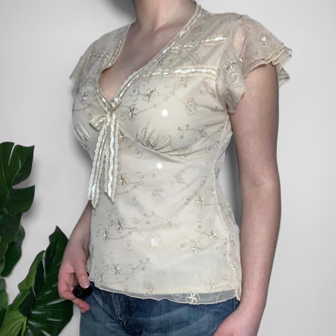 Vintage y2k v-neck floaty short sleeved embroidered top with mesh overlay