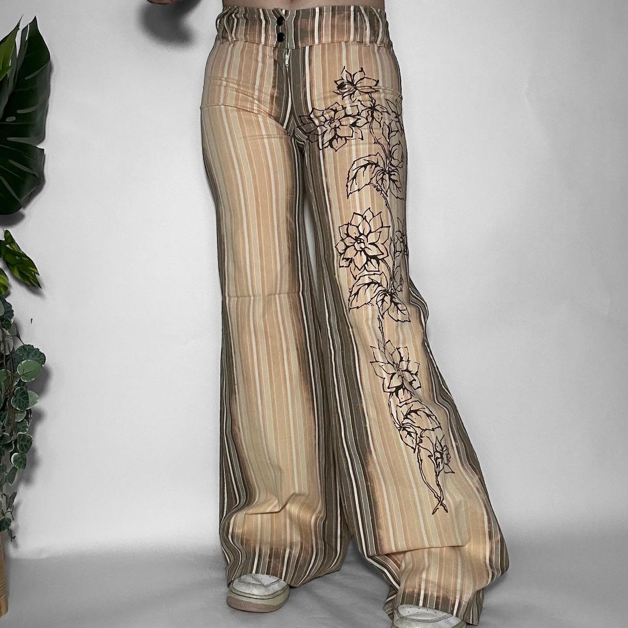 Vintage y2k tan wide leg stripe floral pattern suit trousers
