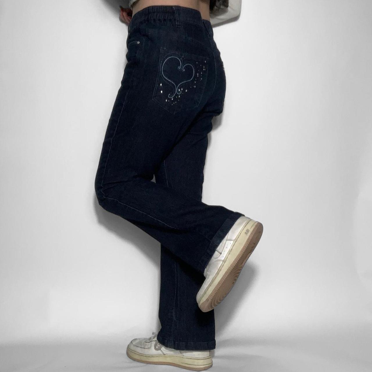 Mid waisted vintage y2k dark wash bootcut jeans with heart embroidery