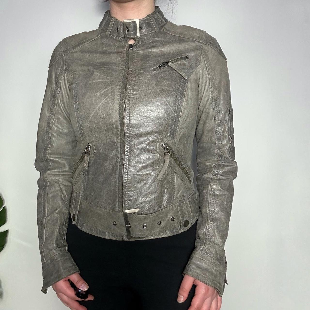 Vintage y2k grey leather motorcycle racer jacket with buckle detailing